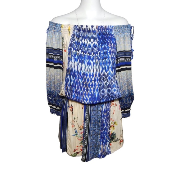 Hale Bob Off-The-Shoulder Mini Dress Colorful Patchwork Peasant Boho Size XS - Picture 2 of 7